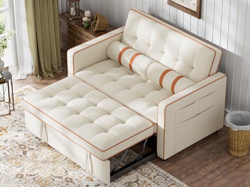 Marsail 3-in-1 Convertible Futon Sleeper Sofa Bed, Pull Out Couch with Adjustable Backrest, USB Charging & Side Pockets, Velvet Fabric Sofa Loveseat for Living Room, Apartment, Ivory White