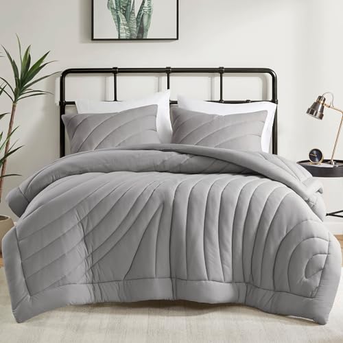 Intelligent Design Queen Comforter Set 350gsm Overfilled Puffy Quilting Jersey Comforter Queen Size, Modern All Season Lightweight Bedding Set Queen, Matching Shams, Juniper, Full/Queen, Gray 3 Piece