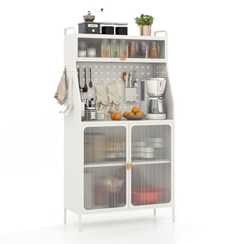 Giantex Pantry Organizers and Storage, 63.5" H Kitchen Buffet Cabinet with Hutch, Pegboard, 8 Hooks & 1 Hanging Storage Box, Standing Bakers Rack with Flip-up PC Doors, Tool-Free Assembly (White)