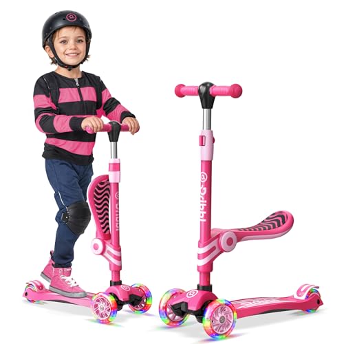 Pink 3 Wheel Scooter with Seat for Kids, Light-Up Wheels, Adjustable Lean to Steer Handlebar and Seat, Smooth Wheels, Wide No-Slip Deck, Rear Foot Brake, Toddler Outdoor Toys for Ages 2+