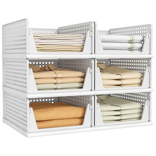 Pinkpum 6 Pack Closet Organizers Storage Bins, Stackable Plastic Drawer Basket for Clothing, Stackable Storage Bins Shelf Storage Container for Closet Wardrobe Bedroom Bathroom Office White