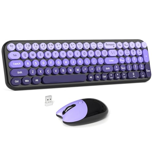 Wireless Keyboard and Mouse Combo, MOWUX Compact Typewriter Retro Round Computer Keyboard, Cute Optical Mouse Wireless, Plug and Play, for Laptop, PC, Computer- Black Purple Gradient