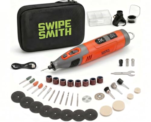 SWIPESMITH 12V Cordless Rotary Tool Kit, Brushless Motor, LCD Display, 8000-32000 RPM Variable Speed, 2.5Ah Battery, 40 Accessories for Wood Carving, Engraving, Grinding, Sanding and Cutting
