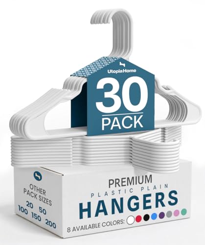 Utopia Home - Plastic Hangers 30 Pack - Space Saving Clothes Hanger - Durable and Strong Closet Organizers and Storage Makes It Ideal Stocking Stuffers or Apartment or Dorm Room Essentials (White)