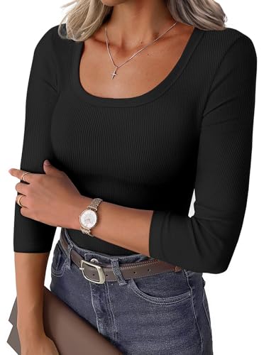 GKBK Womens 3/4 Sleeve Scoop Neck Tops Ribbed Knit Slim Fitted Casual Basic Tee Shirts 2026 Summer Fashion Trendy Work Casual T-Shirt Workout Outfits Thermal Undershirts Layering Clothes Black M