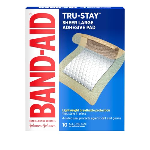 BAND-AID Brand Tru-Stay Sheer Adhesive Pads, Lightweight Breathable Protection & Sterile Wound Care for Minor Cuts, Scrapes & Burns, First Aid Kit Essential, Dependable Bandages, Large Size, 10 Ct