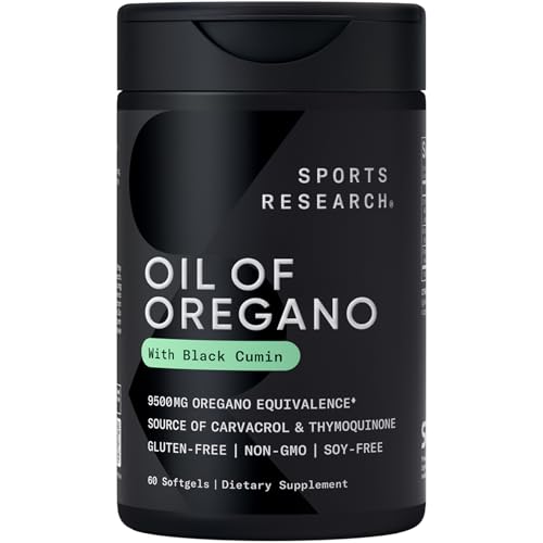 Sports Research® Oil of Oregano 9500mg w/Black Seed Oil & Coconut MCT Oil - Antioxidant Combination Supplement Rich in Thymoquinone & Carvacrol - Gluten Free · Non-GMO - 60 Softgels