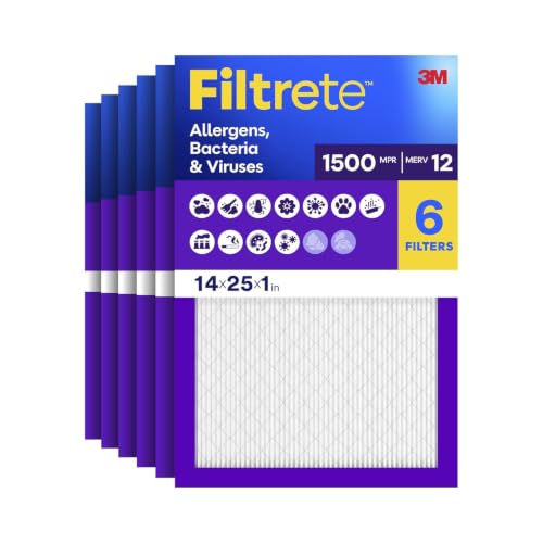 Filtrete 14x25x1 Air Filter, MERV 12, MPR 1500, Allergens, Bacteria & Viruses, 3-Month AC and Furnace Filters, Cleaner Air, Reliable Airflow, 6 HVAC Filters (Actual Size 13.62 x 24.62 x 0.78 in)