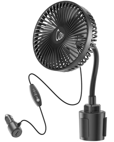 12V Car fan, Portable Vehicle Cooling Fan for Front Seat, Mounted in Cup Holder, 3-Speed, 360° Rotation, Car Necessities for Dog/SUV/RV/Truck/Van, Cigarette Lighter Powered, Car Charger Included