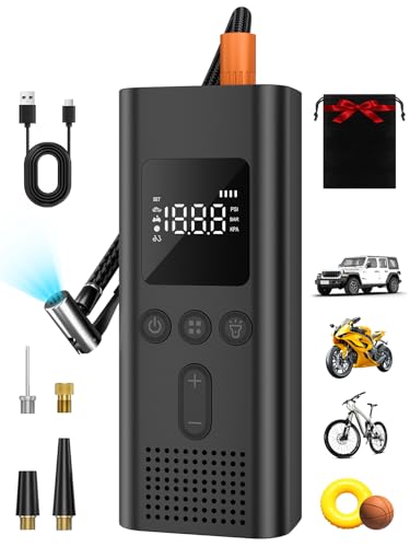 AIRSURE Tire Inflator Portable Air Compressor, 150 PSI Fast Inflation Cordless Air Pump with LED Light, Auto Shut-Off, Rechargeable Battery for Car, Motorcycle, Bike, and Sports Balls