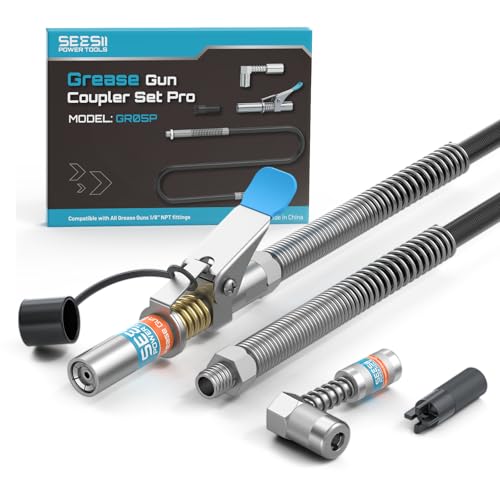 Seesii Grease Gun Accessory Kit Pro, 12000 PSI Quick-Release Coupler, 90 Degree Coupler Adapter, 39.4” Dual-Spring Long Flex Hose, Zerk Fitting Cleaning Tool, Compatible with All Grease Guns, GR05P