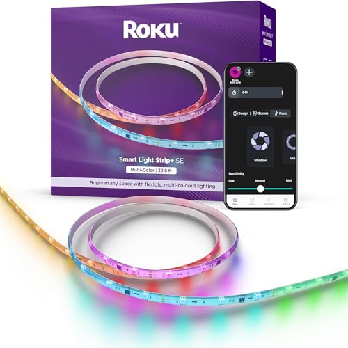 Roku Smart LED Light Strip+, 32.8ft - Color Options with Adjustable Brightness & Temperature - Peel & Stick WiFi Smart Strip Lights Works with Roku Voice, Alexa & Google Assistant - Smart Home Product
