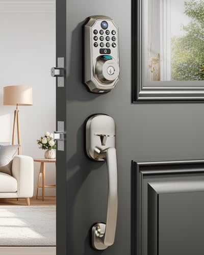 ARPHA WiFi Smart Lock with Camera - Keyless Entry Deadbolt with Handle Set, 5-in-1 Camera+Doorbell+Fingerprint+Keypad, App Control, Auto Lock, Easy Install, Waterproof for Front Door, Satin Nickel