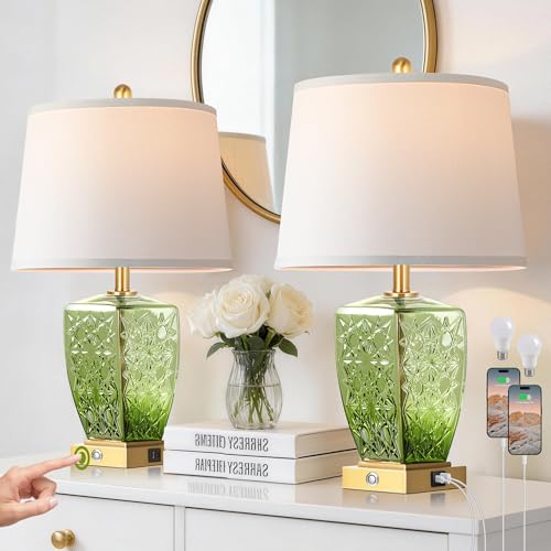 QiMH Glass Table Lamps for Living Room, Modern Bedside Lamps for Night Stands with USB A+C Ports, 3-Way Dimmable Touch Lamp for Bedroom Set of 2 with White Linen Shade Home Decor, Green