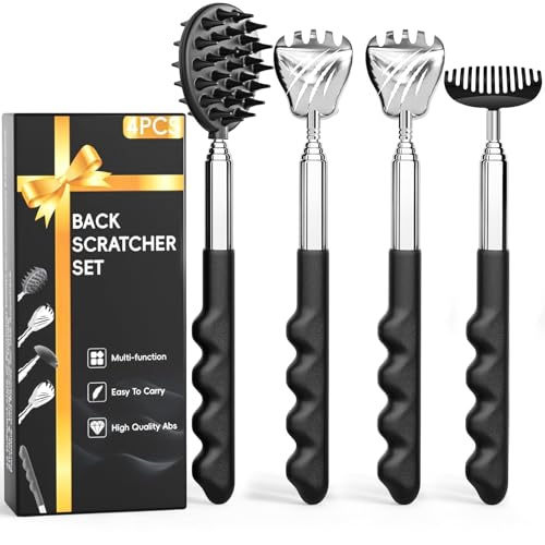Gumry Versatile Back Scratcher - Portable Telescoping Extendable Back Massager Tool with Different Heads & Rubber Handles, Stocking Stuffers Birthday Gift for Men Fathers Dad Women - Black