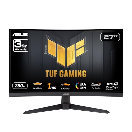 ASUS TUF Gaming 27” 1080P Curved Monitor (VG27VQM1B) – Full HD, 1500R, 280Hz, 1ms, Extreme Low Motion Blur, FreeSync Premium, Shadow Boost, Eye Care, 90% DCI-P3, DisplayWidget Center, 3 yr Warranty