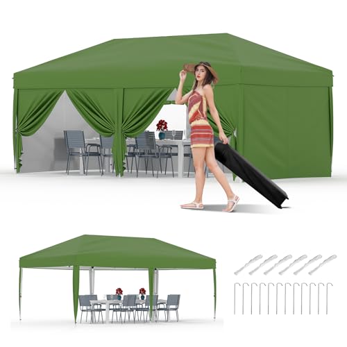GarveeLife 10x20 Pop Up Canopy with 6 Sidewalls, Beach Ten with One Push Setup, Heavy Duty Outdoor Instant Canopy Tent with Portable Roller Bag, Silver Coated Top, 3 Adjustable Height, Sandbags,Green