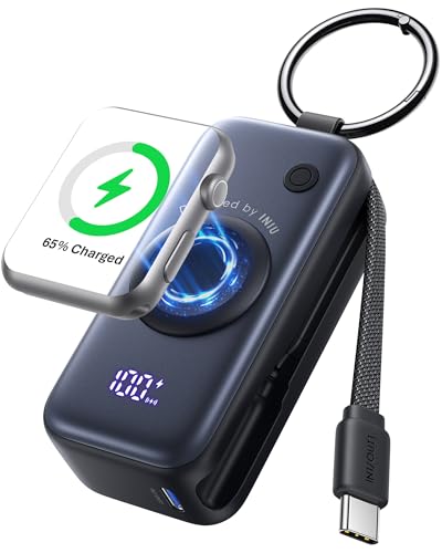 INIU SnapGo Portable Charger, Mini Power Bank for Apple Watch & Phone, 5000mAh 20W Fast Charging Battery Pack with Built-in USB C Cable, Flight-Safe Keychain, for Apple Watch iPhone 17 16 Samsung etc