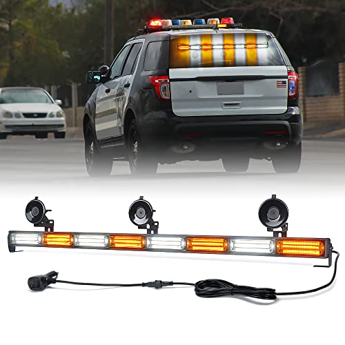 Xprite 35" COB LED Traffic Advisor Strobe Light Bar w/21 Flash Patterns & Suction Cup Mount, Windshield Deck Caution Lightbar for Construction Towing Snow Plow Pickup Work Trucks Cars - White Amber