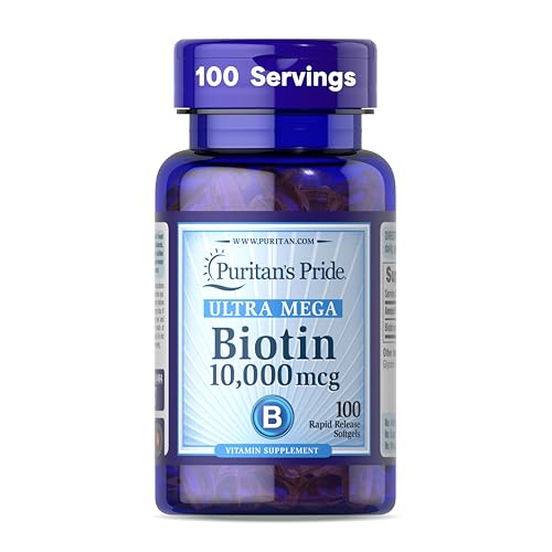 Puritan's Pride Premium Ultra Mega Biotin 10,000mcg, Dietary Supplement for Healthy Hair, Skin, Nails, and Energy Metabolism Support, 100 Day Supply, 100 Rapid Release Softgels