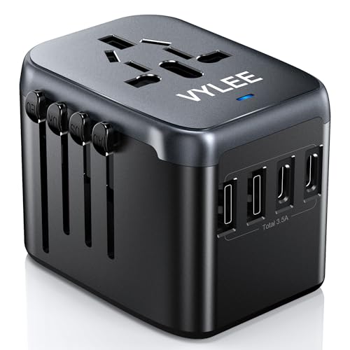 VYLEE Universal Travel Adapter, 5 in 1 International Power Adapter with 3.5A 2xUSB-A & 2xUSB-C Ports, Travel Plug Adapter Worldwide for Europe USA UK AUS Travel Essentials (Black Grey)