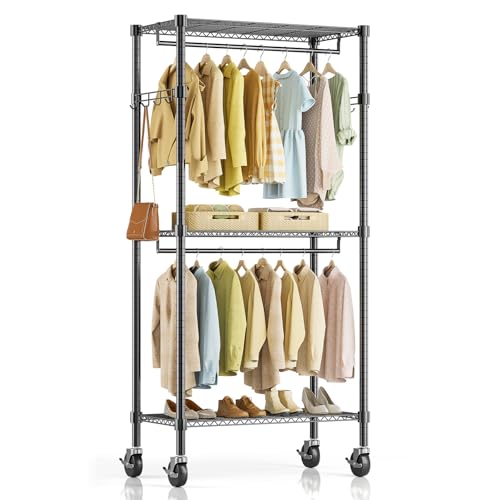 Simple Deluxe Rolling Clothes Rack, Heavy Duty Clothing Rack, 3-Shelf Portable Adjustable Wardrobe Closet with Wheels, Hanging Rods & Side Hooks, 29.5" W x 15.7" D x 75.6" H, Black