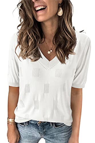Arach&Cloz Women's Summer Fall Tops 2025 Short Sleeve Plus Size Lightweight Sweaters V Neck Trendy Fashion Knit Clothes Clothing Dressy Cute Casual Outfits Business Work Blouse Beige Off White S