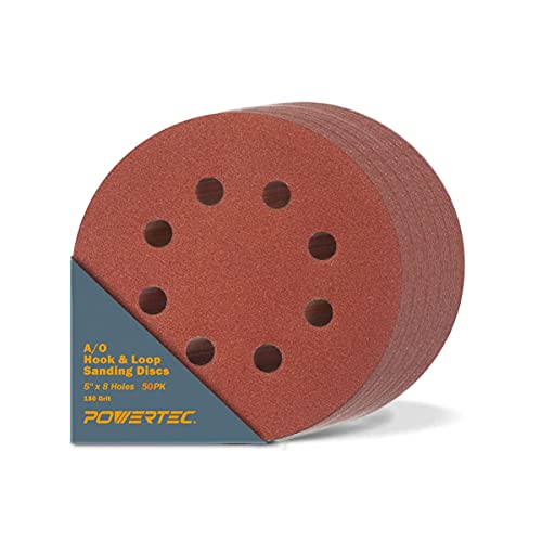 POWERTEC 50PK, 180 Grits, Sanding Discs 5 Inch - Hook and Loop, 5 Inch 8 Hole Aluminum Oxide Sandpaper Discs, Woodworking Sanding Pads for Random Orbital, Palm, Air, DA & Pneumatic Sander (45018-P2)