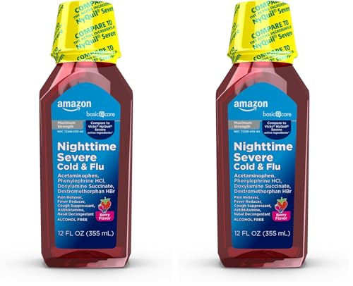 Amazon Basic Care Nighttime Severe Cold & Flu Syrup, Max Strength Liquid Medicine, Multi-Symptom Relief, for Adults and Children 12 Years and Older, Mixed Berry Flavor, 12 fl oz (Pack of 2)
