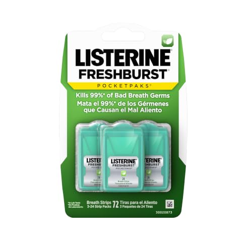 Listerine Freshburst PocketPaks Breath Strips Dissolving Oral Care Strips for Fresh Breath, Travel Essentials, Kills 99% of Bad Breath Germs, Breath Freshener, Spearmint, 24-Strip Pack, 3 Packs