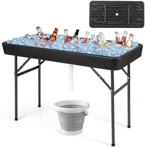 Giantex 4 FT Folding Ice Cooler Table with Drain & Bucket, Removable Skirt, No Assembly, Portable Fill and Chill Table for Food Drink Beverage, Foldable Party Ice Bin for Camping BBQ, Black