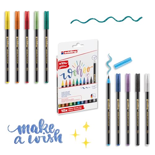 edding 1340 Glitter Brush Pen Set – 10pcs Assorted Colors with Soft Brush Nib, Quick-Drying, Smooth Writing – Glitter Markers for Journals, Planners, Scrapbooking, & Adult Coloring – Made in Germany