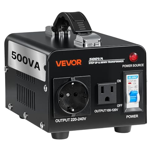 VEVOR Voltage Converter Transformer, 500VA, Heavy Duty Step Up/Down Power Transformer, Convert from 110V to 220V and 220V to 110V, with US Outlet, EU Outlet, Power Cord, Circuit Breaker Protection