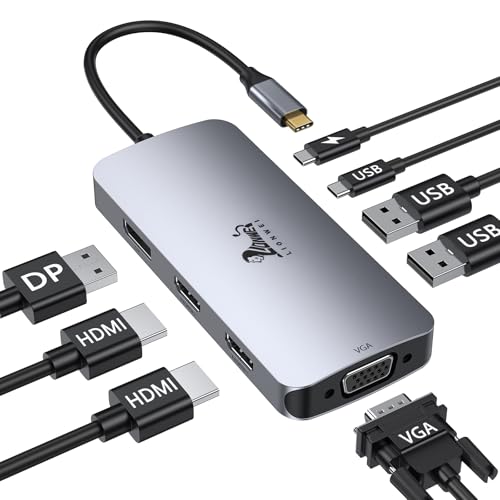 LIONWEI USB C Docking Station Dual Monitor, Laptop Docking Station 3 Monitors Quadruple Display with Dual 4K HDMI, DP, VGA, 100W PD, 3 USB C/A 2.0, Laptop Dock for Dell, Lenovo, HP, Surface