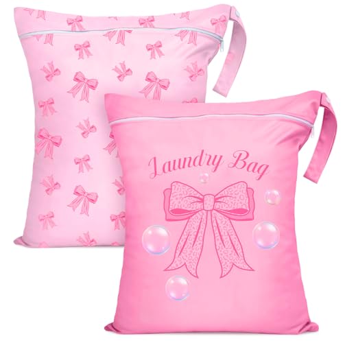 2 Pcs Large Travel Laundry Bags Waterproof Wet Dry Bag, Washable Dirty Clothes Bags for Travel,Drawstring, Bathing Suit, Workout, Gym Clothes Laundry, Swimming Pool & College Dorm, Pink Bow