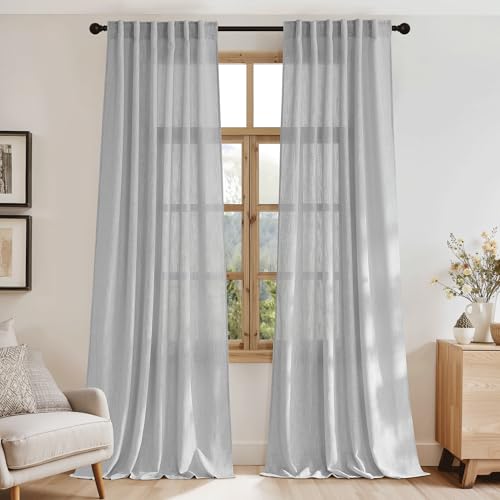 RYB HOME Light Gray Sheer Curtains 90 inches Long, Soft Thick Linen-Look Semi Sheer Flowing Drapes Durable Privacy Protection Curtains for Living Room Bedroom, W 52" X L 90", 2 Panels, W 52" X L 90"