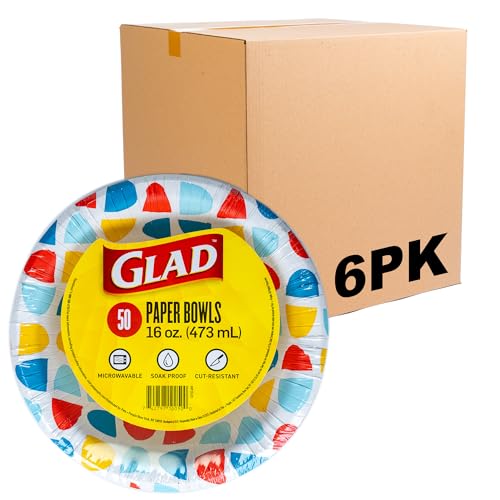 Glad Round Disposable Paper Bowls, Semiellipse Abstract Design - Heavy Duty, Soak-Proof, Cut-Resistant, Microwavable Paper Bowls for All Foods, Daily Use, and Special Occasions, 16 oz, 50 Count - 6 Pk