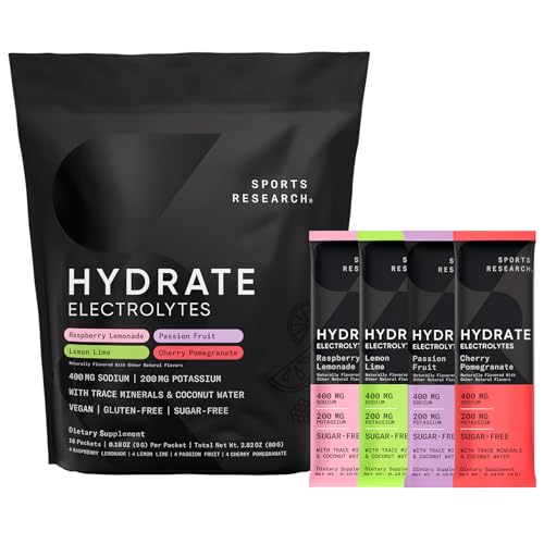 Sports Research® Hydrate Electrolytes Powder Packets - Sugar-Free & Naturally Flavored with Vitamins, Minerals, and Coconut Water - Supports Hydration - 16 Packets - Variety Pack