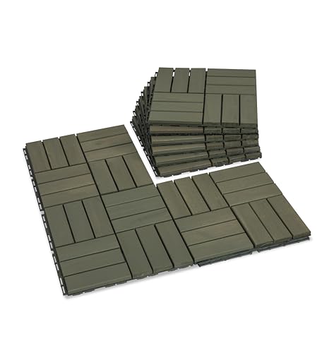 VICTORY RELAX Natural Acia 12x12 Interlocking Wood Deck Tiles for Balcony, Garden, Patio, Poolside Decor - Waterproof Indoor & Outdoor Flooring - 6 Slats, Square Joints, Pack of 9, Muted Green Color