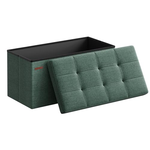 SONGMICS Mazie Collection - 30 Inches Folding Storage Ottoman Bench, Ottoman Foot Rest, End of Bed Bench, Storage Chest, Load 660 lb, for Living Room, Bedroom, Entryway, Retro Green ULSF047C01