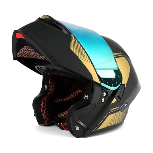 Orthrus Modular LED Full Face Motorcycle Helmet - DOT Approved Flip-Up Dual Visor Sun Shield & Bluetooth Ready for Adults Men Women - Street Bike/Motocross (Dobermann Gold, M)