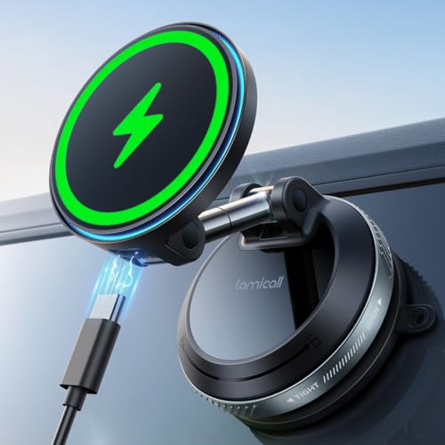 Lamicall 15W for MagSafe Car Mount Charger - Dual USB-C Ports, Magnetic Phone Holder for Car, Magnetic Wireless Car Charger, Vacuum Suction Cup Phone Mount for iPhone 17 Pro Max 16 15 Truck Jeep Black