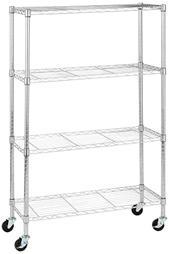Amazon Basics 4-Shelf Adjustable Heavy Duty Storage Shelving Unit with Wheels, No-Tool Easy Assembly, Garage Shelving, Metal Wire Rack with Casters and Leveling Feet, 36" x 14" x 57.8", Chrome