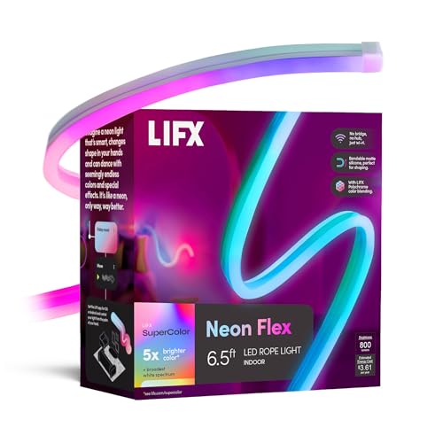 LIFX Flex Neon LED Rope Light 6.5FT Indoor, Bendable Neon Rope Lights for Bedroom & Gaming, Apple HomeKit, Alexa, Google Home, Matter, Music Sync, 24 Zones, No Hub, Color Changing Decor