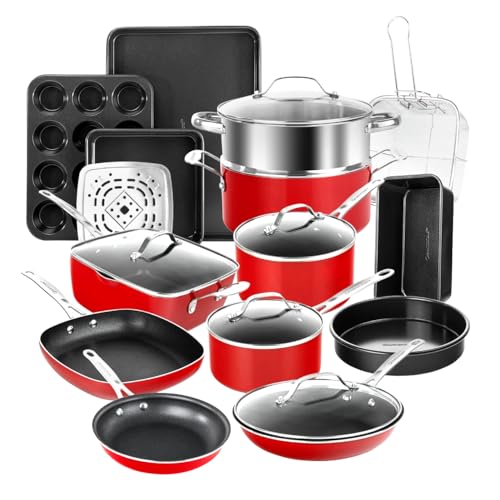 Granitestone 20-Piece Nonstick Pots and Pans Set with Bakeware & Steamer, Diamond-Reinforced Cookware Set, Deep Frying Pan, Non-Toxic PFOA PFOS Free, Metal Utensil Safe, Dishwasher & Oven Safe, Red
