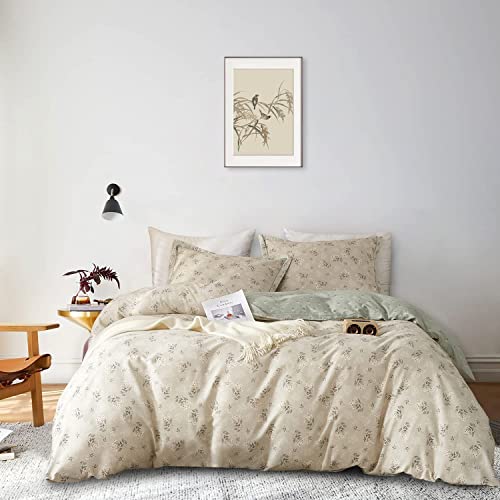 AMWAN Boho Cotton Floral Duvet Cover Twin Kids Girls Garden Floral Bedding Sets Beige Green Floral Printed Cute Comforter Cover Soft Botanical Cottagecore Duvet Cover with Zipper Closure