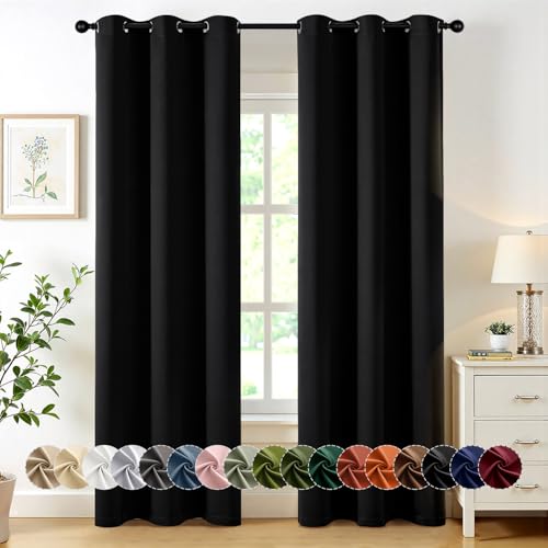 MIULEE Black Blackout Curtains for Bedroom Living Room 84 Inches Long 2 Panels, Thermal Insulated Room Darkening Drapes Solid Grommet Top Noise Reduction Light Blocking Halloween Window Treatments