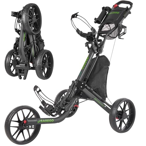EASEGO Golf Push Cart 3 Wheel : Golf Bag Cart Foldable with Phone Holder/Cup/Umbrella Holder Compact Golf Pull Carts Quick Fold Golf Caddy Push Carts with Large Wheelbase for Different Terrain(Black)