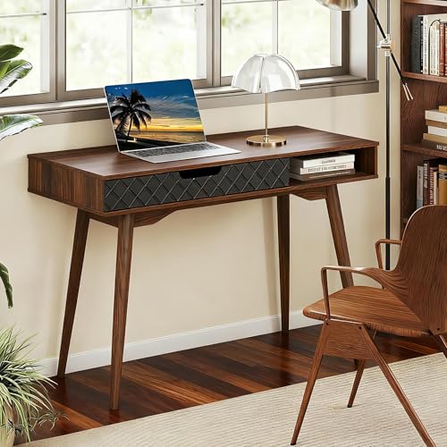 Giantex Mid Century Modern Desk, 42.5" Vintage Computer Desk with Storage Drawer & Rubber Wood Legs, Makeup Vanity Table, Wood Computer Workstation, Small Writing Desk for Bedroom, Small Space, Walnut