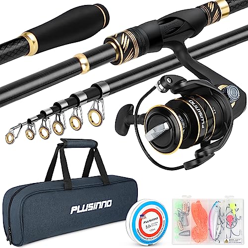 PLUSINNO Fishing Pole, Fishing Rod and Reel Combo,Telescopic Fishing Rod Kit with Spinning Reel, Collapsible Portable Fishing Pole with Carrier Bag for Freshwater Saltwater Fishing Gifts for Men Women